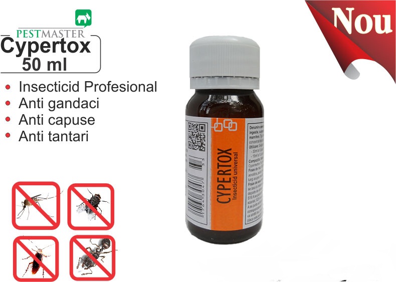 Insecticid profesional impotriva gandacilor, puricilor, mustelor, tantarilor, furnicilor - Cypertox 50 ml 